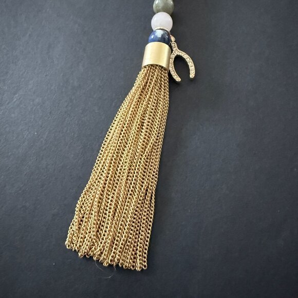 White House Black Market Semi Precious Beaded Tassel Necklace Gold Wishbone Luck - Picture 9 of 15